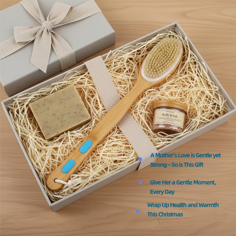 Back Scrubber for Shower, Bath Brush with Long Handle, Double-Sided Bamboo Body Brush for Wet or Dry Brushing, Exfoliating Bath Brush with Firm & Soft Bristles for Men & Women, 17.3 Inch