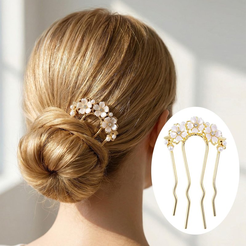 Hzopcw Pearl Flower Hair Pins with 4 Teeth, U-Shaped Bridal Flower Bun Maker Hair Pin Clips, Hairpin Floral Clips Accessories for Wedding Party Updo- White