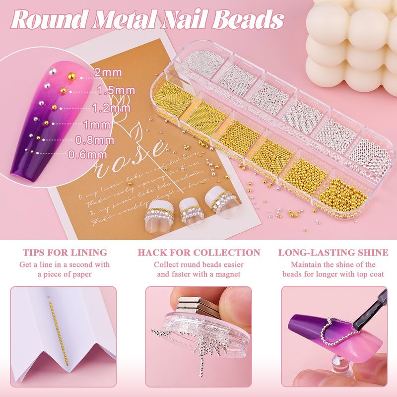 2 Boxes Flatback Pearls (White+Beige) and Silver+Gold Nail Beads for Nail Art with Rhinestone Glue Gel, Pearl Nail Charms and Gems and Small Round Caviar Beads for Acrylic Nail Tips Manicure