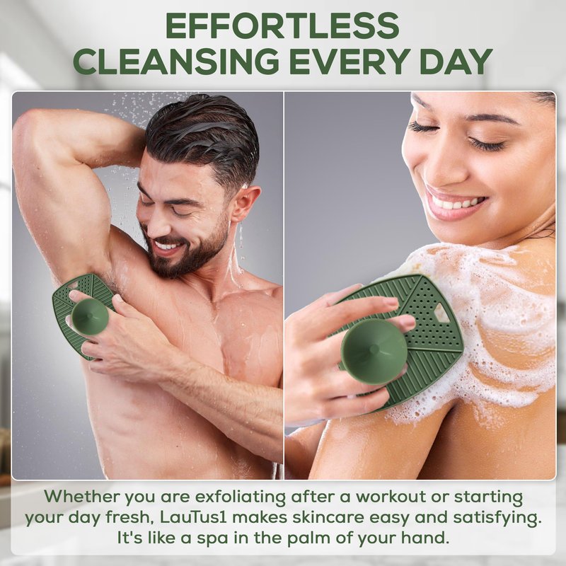 LauTus1 Silicone Body Scrubber — Suction Cup Mount & Hook, Gentle Exfoliating Shower Brush, Soft Loofah Alternative for Men, Women & All Skin Types — Sage Green