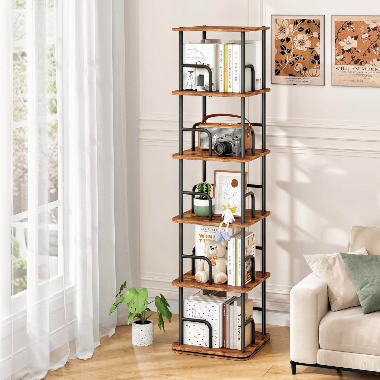 Branwick Rotating Bookshelf 5 Tier 360° Accessibility, Revolving Bookcase Spinning Bookshelf Tower, Wood Narrow Space Saving Book Shelf Organizer for Bedroom, Living Room, Study Room
