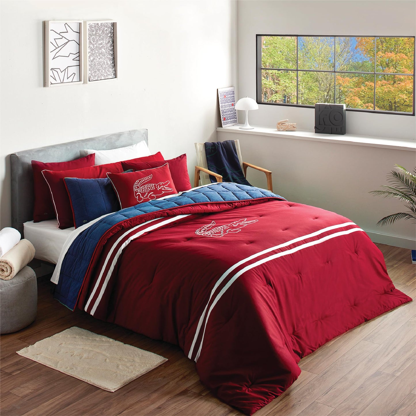 Lacoste Big Croc Comforter Set – 100% Cotton Percale 180-Thread Count, Reversible Duvet & Pillow Shams, Soft Breathable, Iconic Croc Logo, Rio Red, Twin