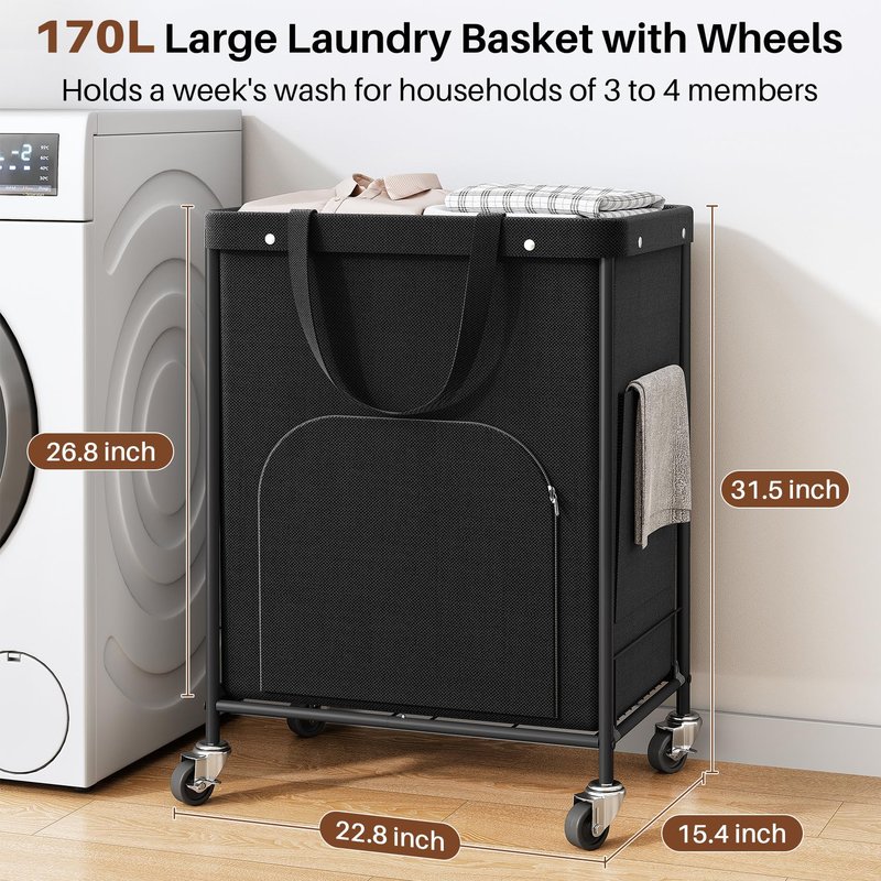 170L Large Laundry Basket with Wheels, Rolling Laundry Hamper Easy Access Clothing Minimizes Bending, Laundry Cart with 4 Silent Casters & Removable Bag for Bedroom, Bathroom, Laundry Room