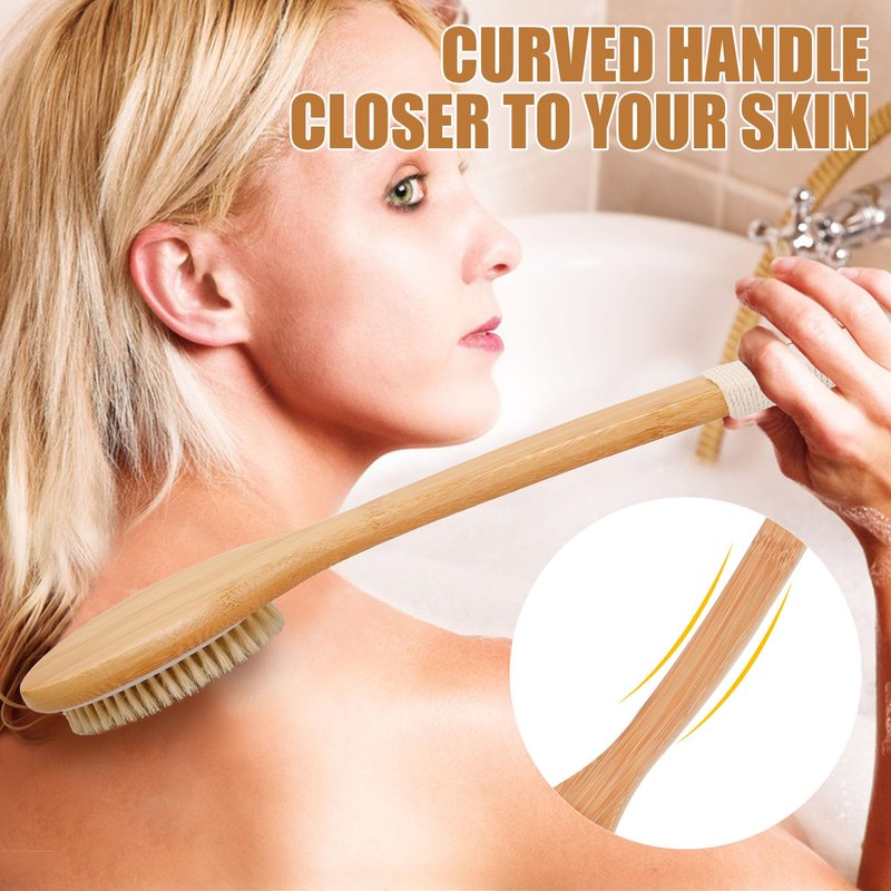 OWIIZI Bath Brush Bamboo Curved Long Handle Antiskid Body Brush for Exfoliating, Natural Bristles Shower Scrubber for Back Use Wet or Dry,Back Scrub Deep Cleanse-17.9inches
