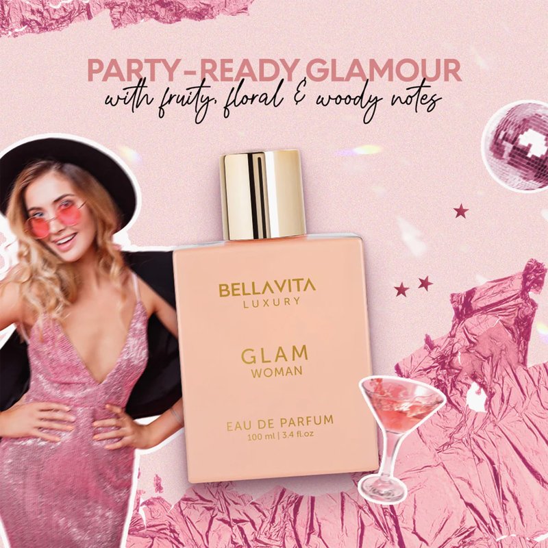Bellavita Luxury Glam Eau de Parfum | 100 ml (3.4 fl.oz.) | Perfume for Women | White Floral, African Orange, Jasmine, and Patchouli Notes | Long Lasting Fragrance | Mother's Day present