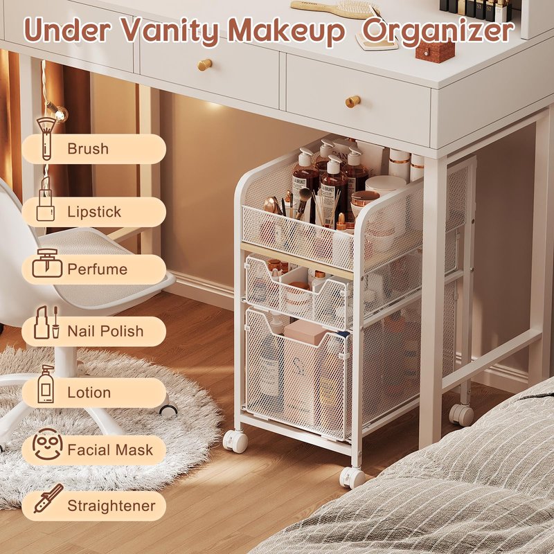 Hongtamoya Rolling Makeup Cart Organizer with 2 Drawers, Narrow Floor Skincare Organizers, Vanity Organizer Cosmetics Display Cases Holder for Skin Care Nail Polish Perfume Makeup Brush, White