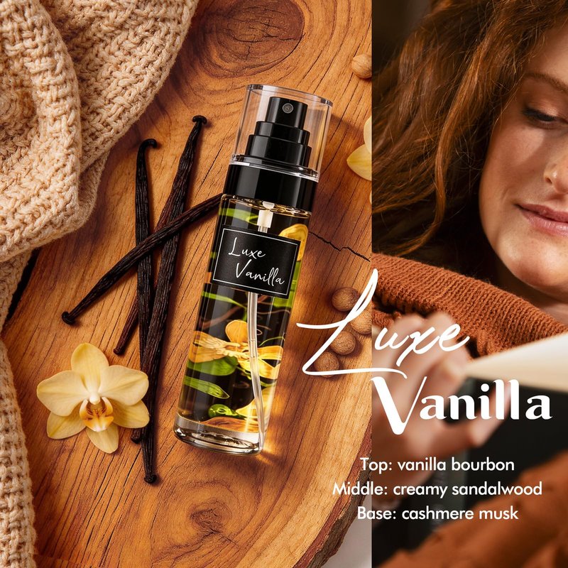 AQUA BLANCE 3-Pack Vanilla Body Spray for Women, Travel Size Fragrance Mist Set with Luxe Vanilla, Nectar Dream & Sandy Orchid, Long Lasting Body Mist for Travel & Gym, 3.4 fl oz Each