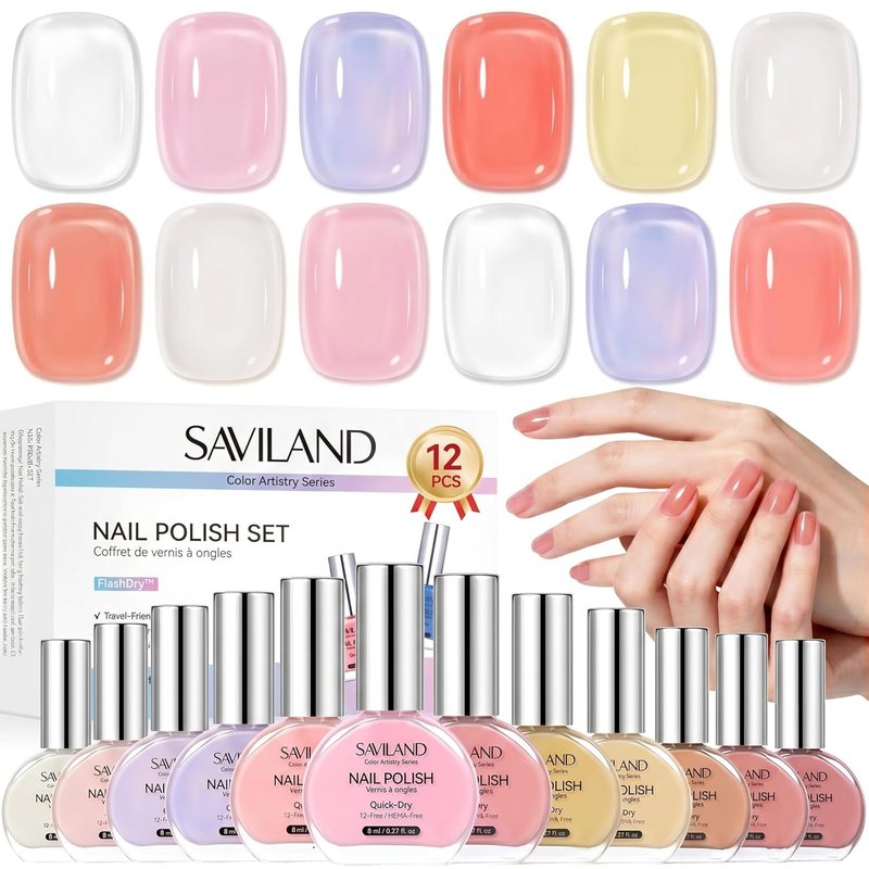 SAVILAND Jelly Nail Polish Set - 12 Natural Nudes & Sheer Colors | Quick Dry 12-Free Lacquer for DIY Manicure