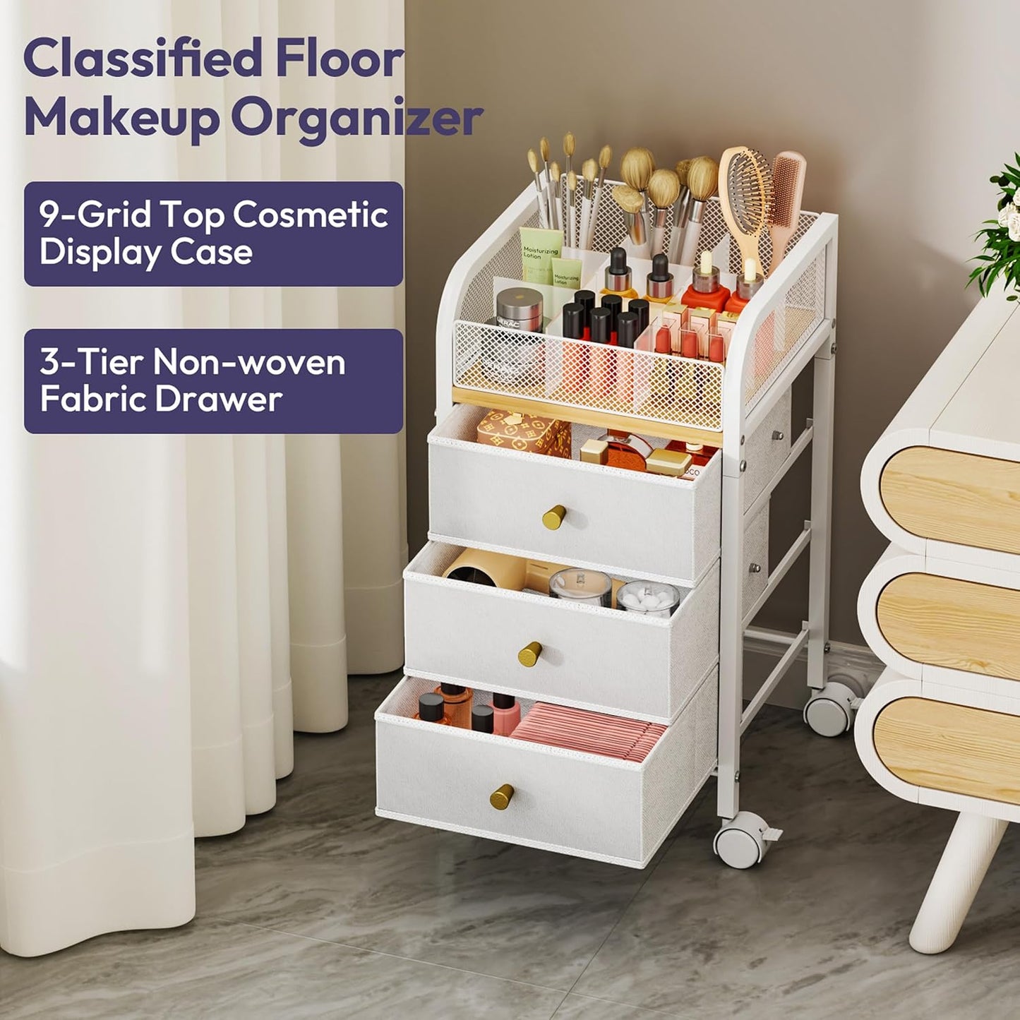 SWTYMIKI Rolling Makeup Organizer Cart - Under Desk Vanity Storage with 3 Drawers | Perfect for Cosmetics & Tools