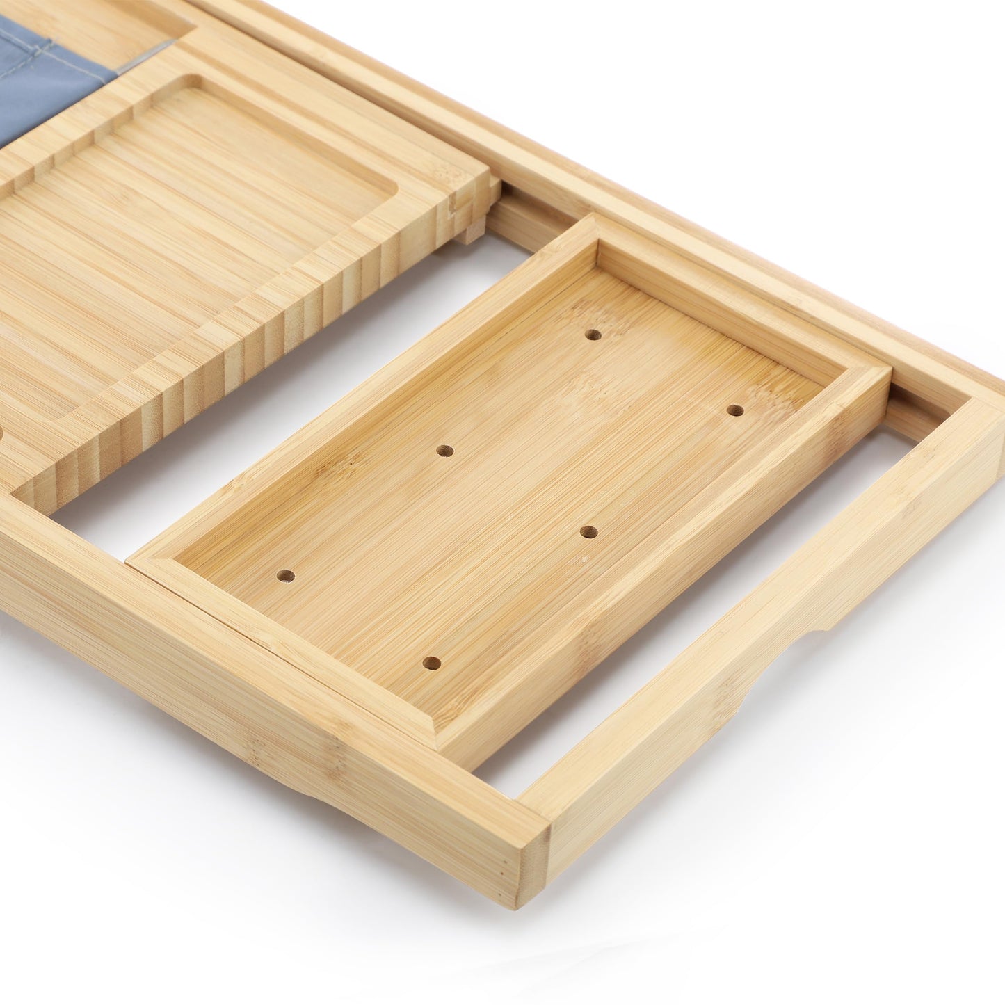 Elama Expandable Bamboo Bath Tray, Adjustable Bathtub Caddy with Book & Tablet Holder, Wine Glass Slot, and Spa Accessory Compartments
