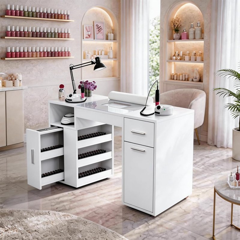 Manicure Table - Nail Desk with Glass Top & Dust Collector | Beauty Salon Workstation in White