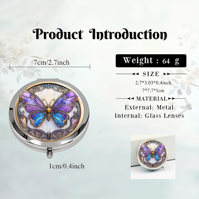 Silver Compact Mirror - Double-Sided Folding Makeup Mirror with Purple Butterfly Design | 2.8x2.8 Inch, Perfect Gift for Women