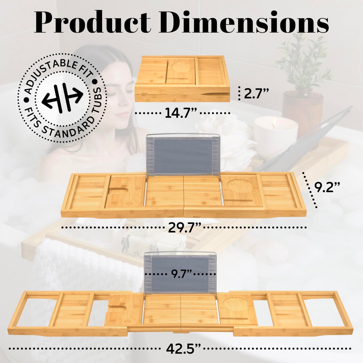 Home It Premium Foldable Bathtub Tray - Bamboo Waterproof Bath Tray for tub Caddy - Wooden Holder for Wine, Book, Soap, Phone, Luxury Gift for Men & Women - Expandable, Fits Most Tubs in Bathroom