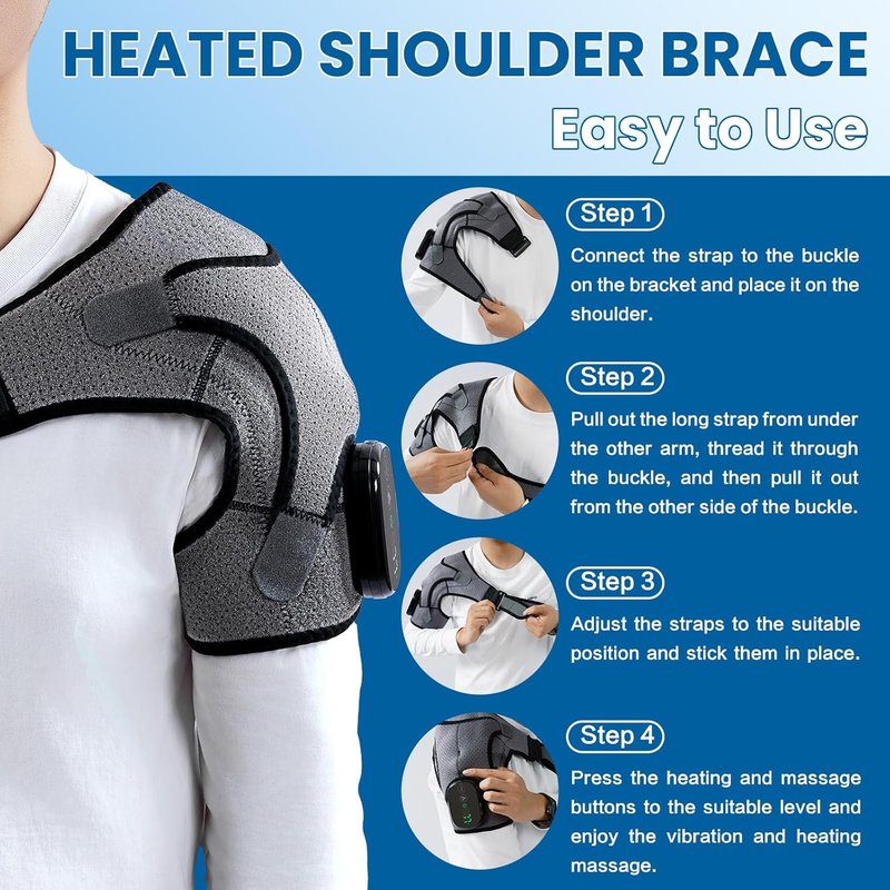 Cordless Shoulder Heating Pad - Electric Heated Wrap with Massage | 3 Vibration Levels & 3 Heat Settings for Rotator Cuff Pain Relief, Rechargeable 5000mAh Battery