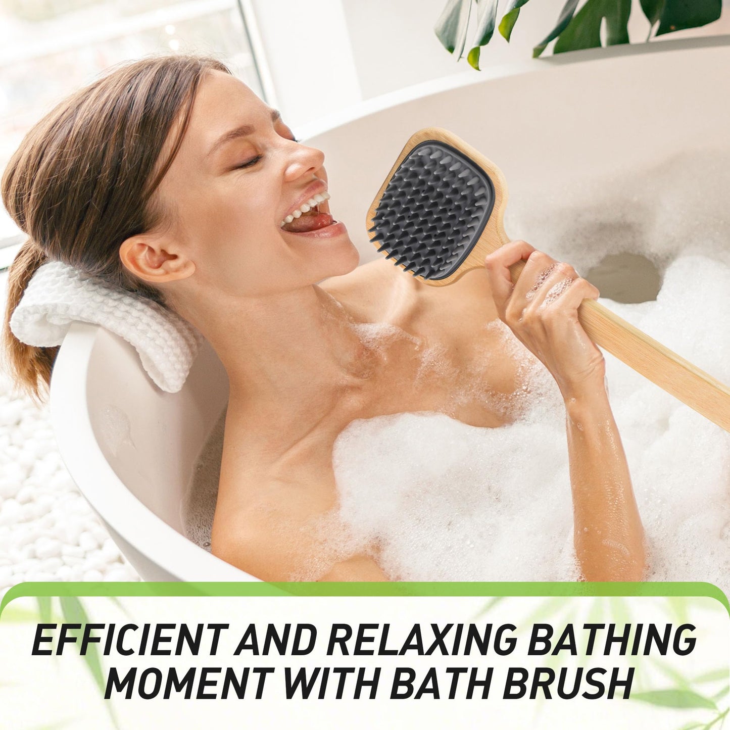 NURENDER 16.92'' Double-Sided Back Scrubber for Shower, Silicone Back Bath Brush Ideal for Sensitive Skin, Exfoliating, with Anti-Slip Bamboo Handle & Hanging Loop, Dry Body Brush for Men, Women