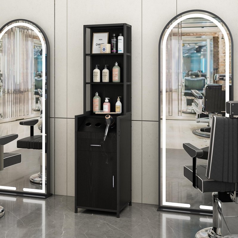 BARBsocial Reusable Salon Station for Hair Stylist, Barber Station with 3 Hot Tool Holders & Hair Storage with Shelves - Salon, Spa Furniture - Black