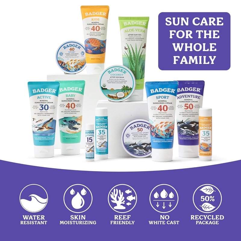 Badger Reef Safe Mineral Sunscreen - SPF 50, 98% Organic, Water Resistant, Unscented, 2.9 fl oz