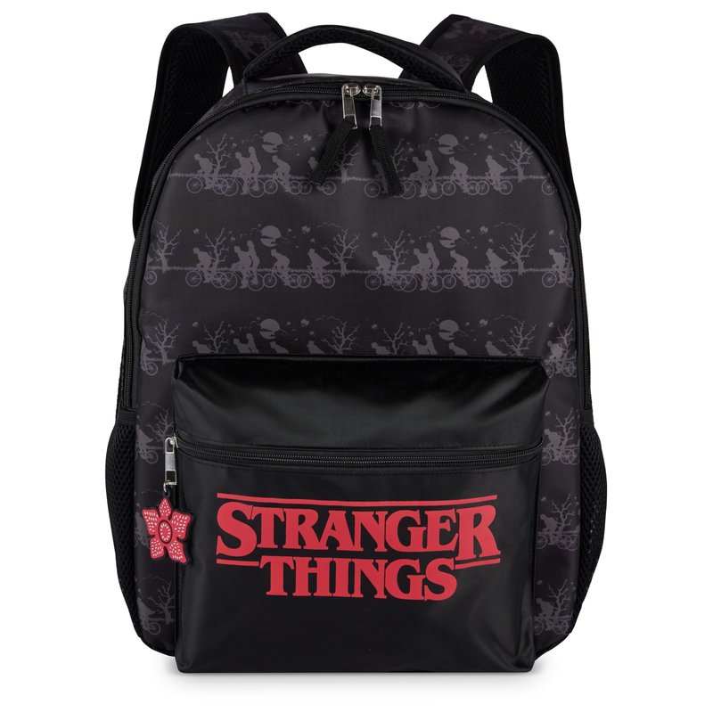 AI ACCESSORY INNOVATIONS Stranger Things Backpack with Character Graphic Pattern, Black, 16x12x5 Inches, Polyester, 3 Pockets, Water Repellent, Adjustable Straps, Padded Back
