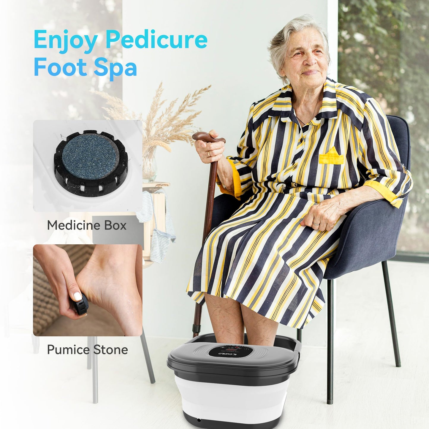 CuPiLo Foot Spa Bath Massager with Heat, Collapsible Foot Massager Spa Soaking Tub with Bubbles, Pumice Stone, and Shiatsu Massage Rollers, Pedicure Foot Spa for Relaxation, Gifts