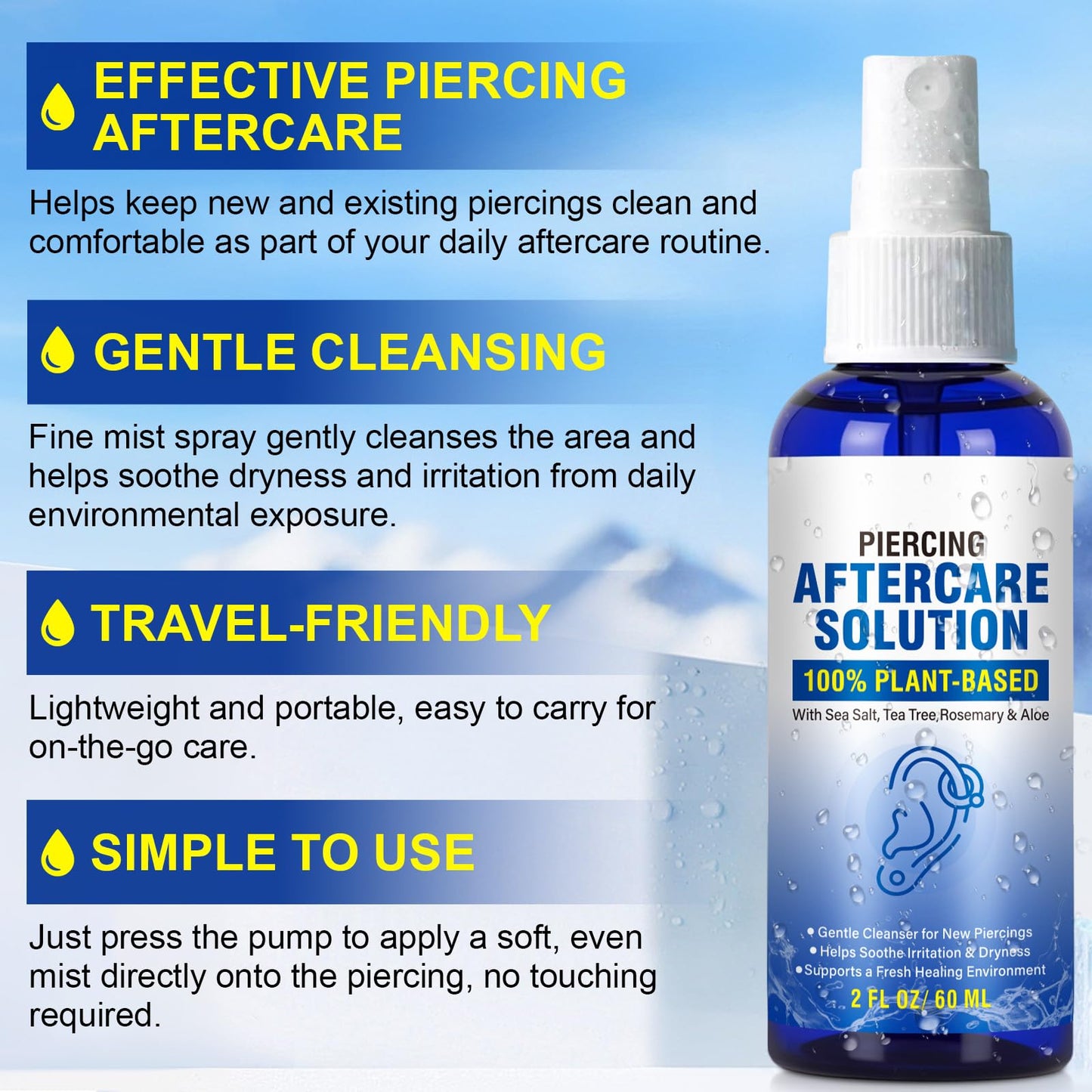 Piercing Aftercare Spray, Piercing Aftercare Solution, Sea Salt Spray for Body and Facial Piercings, Ear, Nose, Navel, Oral & Body Piercing Cleaner, Fine Mist 2 Fl Oz