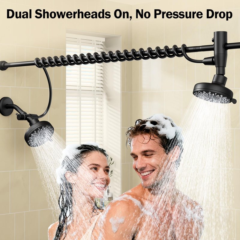 Dual Shower Head with Original Adjustable Slider, High Pressure Double Shower Head for Two People Rod, 2 Showerhead System for Couples, Renter-Friendly, SPA-Like, Gift for Women Men, Black
