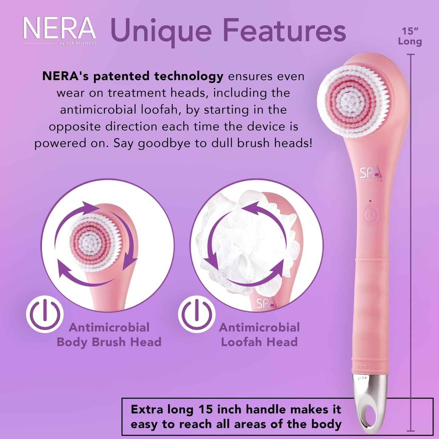 Spa Sciences - NERA - 4-in-1 Shower/Bath Body Brush for Exfoliation, Deep Cleansing, Foot Care, Lotion Infuser, and Massage