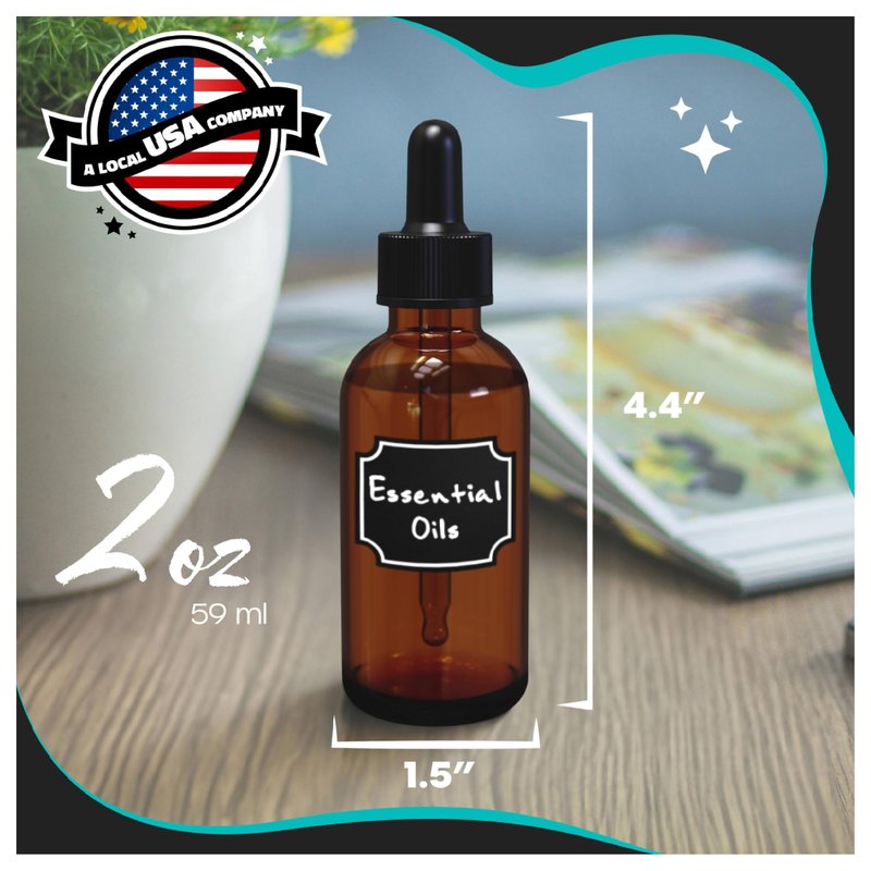 Nevlers Amber Glass Dropper Bottle 2 Oz 48 PK | Leakproof Empty Eye Dropper Bottle Set w/Funnel, Brush, Shrink Wrap, Marker & Labels | Reusable Tincture Bottles with Droppers | Glass Droppers for Oils