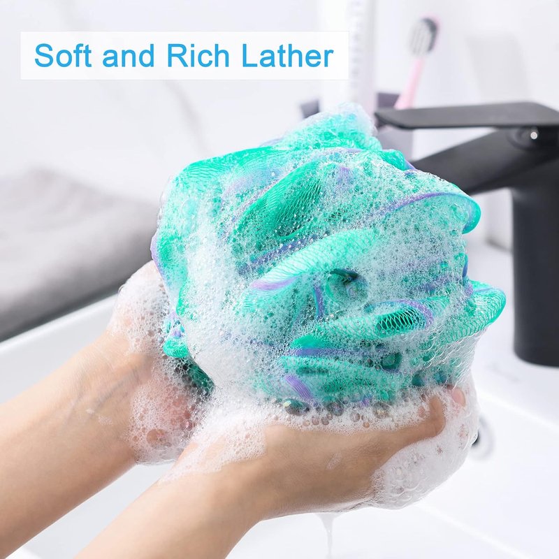 AmazerBath Loofah Sponge Set - Exfoliating Body Scrubber | 4 Colorful Flower Sponges (Green-Purple)