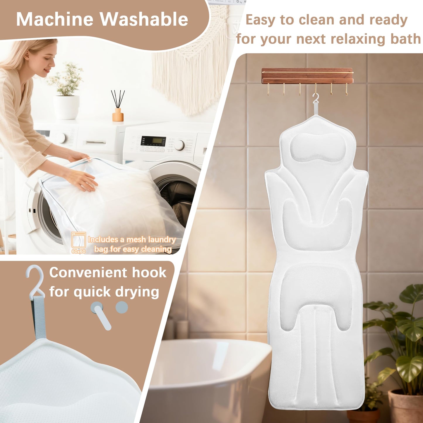 Full Body Bath Pillow for Bathtub - Thick Bathtub Cushion, Bathtub Pillow with 114 Suction Cups, 5D Air Mesh Bath Pillows for Tub Full Body, Head Neck Back Support, White 59 x 20 in