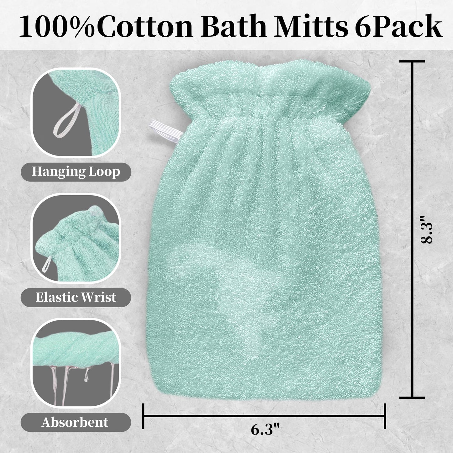 VOOVA & MOVAS Kids Bath Mitts 6-Pack, 100% Cotton Soft Absorbent Wash Cloths with Hanging Loop, 8.3x6.3 Inch European Style Bath Mitt for Toddler Shower, Green Dino