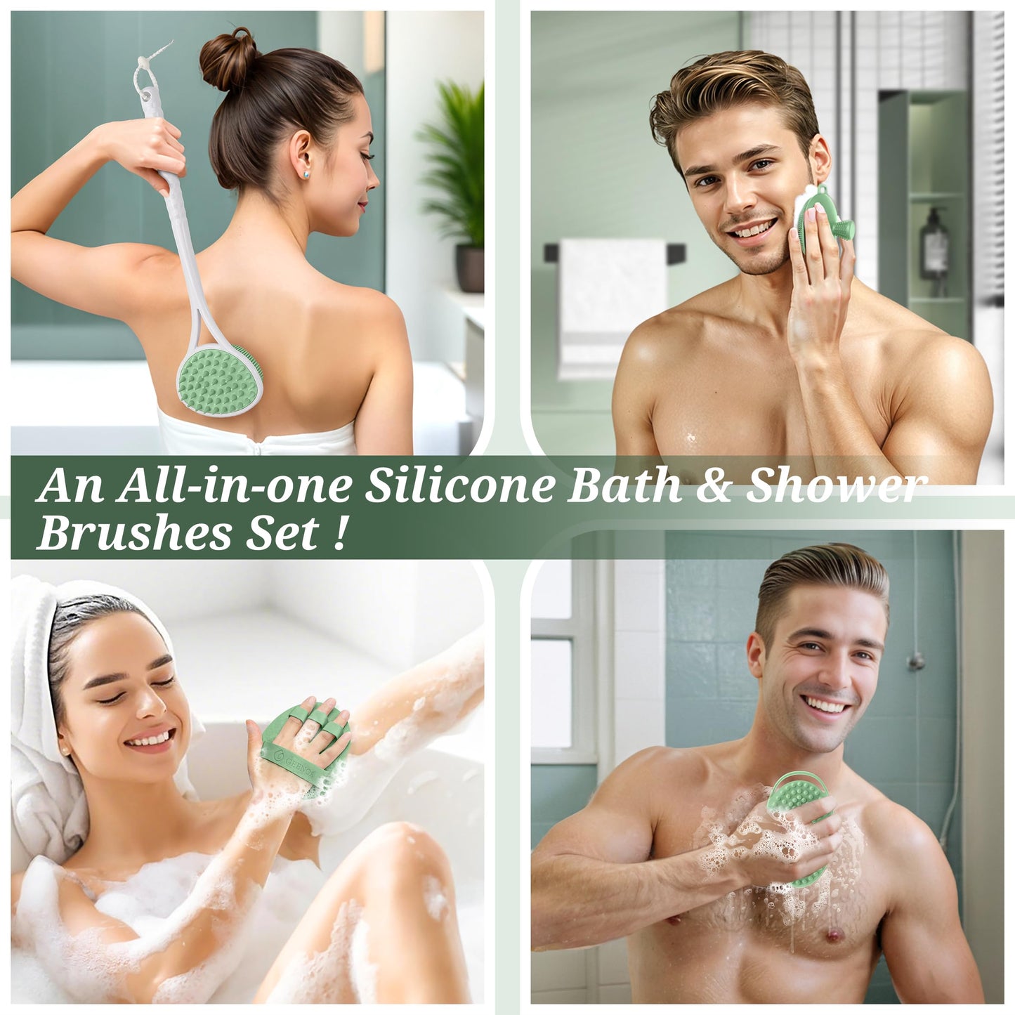 GEENOA Silicone Back Body Face Scrubbers Set 4PCS, 15.35’’ Back Scrubber Soft Body Scrubber for Dual-Side Usage, Easy-to-Hold Soft Bath Glove & Face Scrubber for Good Foaming Deep Cleaning(Green)