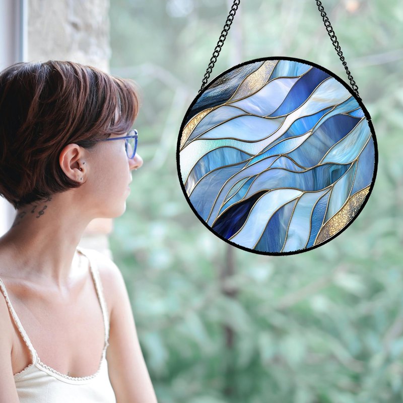 GEFOS Stained Glass Window Hanging Blue Gradient Abstract Large 15" - Suncatcher Door Garden Sunroom Sun Catcher Home Decor Housewarming Birthday for Mom Grandma Men Woman