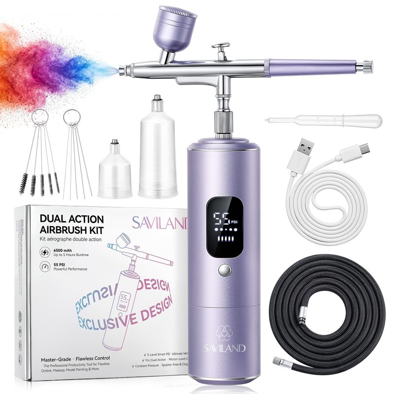SAVILAND Master Grade 55 PSI Airbrush Kit: Dual-Action Airbrush for Nails Clog-Free 6500mAh Large Battery Rechargeable Airbrush Machine for Soft Ombré French Aura Blurred Nails Makeup Graffiti Salon