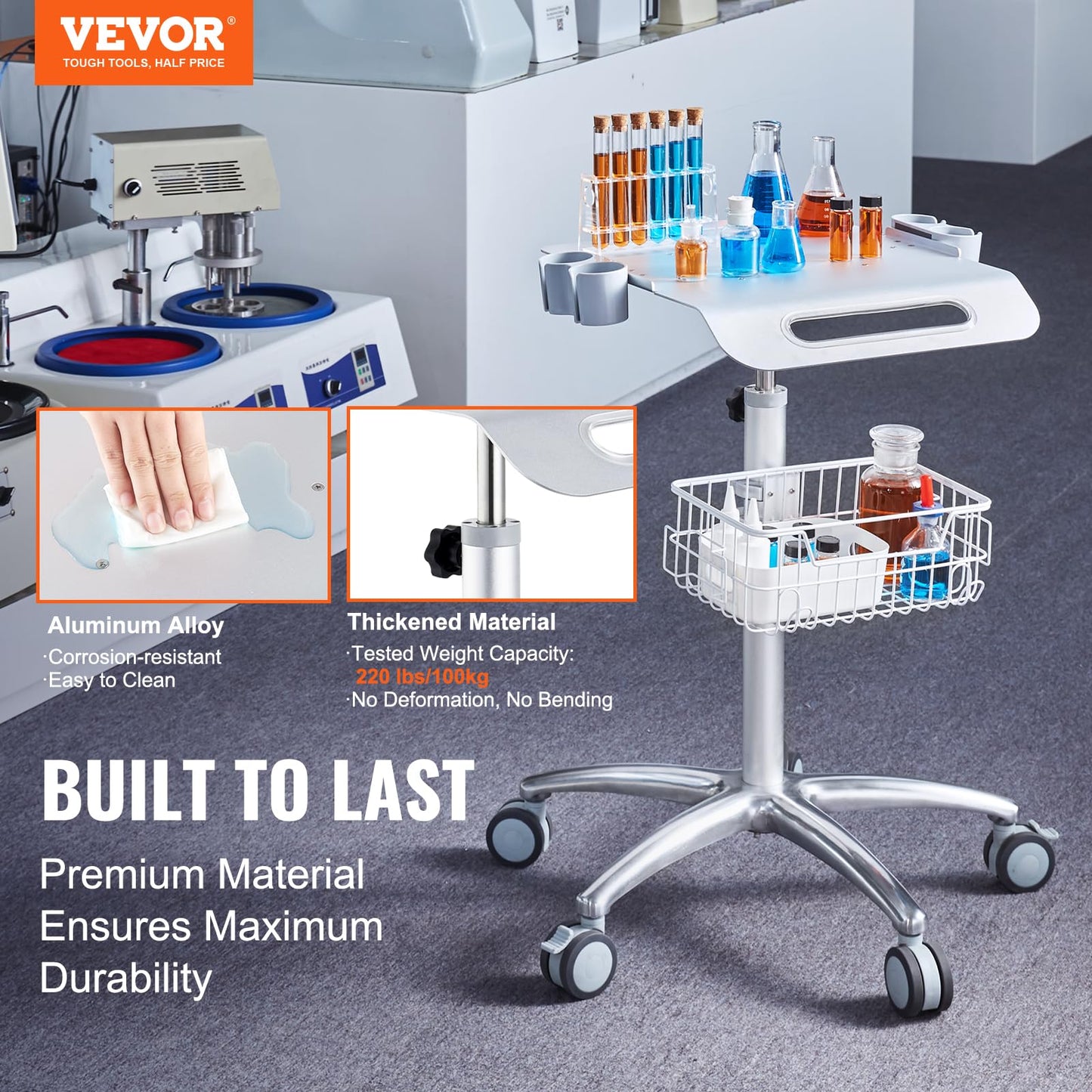 VEVOR Medical Trolley with Wheels - Height Adjustable Gas Lift, Stainless Steel Rolling Laptop Cart with Storage Basket, 19"×17" Large Tabletop,Mobile Metal Scanner Cart for Ultrasound/Dental/EKG/Lab