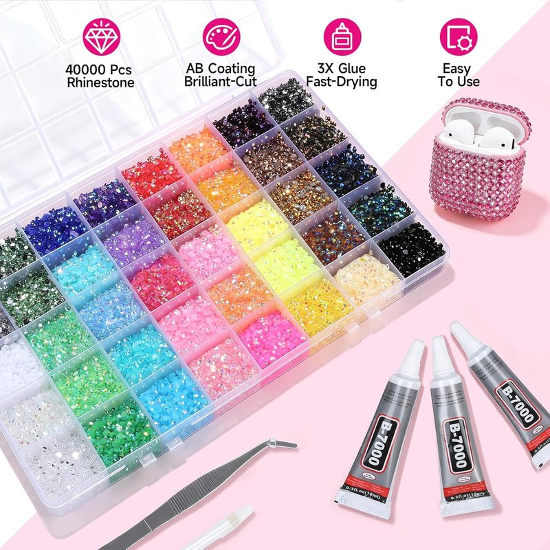 Skiennix 4mm Resin Rhinestones - 40,000 Pcs Bedazzling Kit with Glue, Tweezers & Pickup Pen | 40 Vibrant Colors for Nail Art & DIY Crafts
