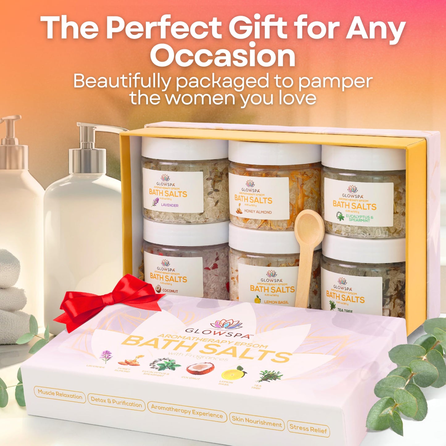 Epsom Salt Bath Soak Gift Set for Women – 6 Scent Bath Salts: Lavender, Rose, Chamomile, Eucalyptus, Coconut, Orange – Relaxing Bath Crystals, Self Care Spa Gifts for Moms