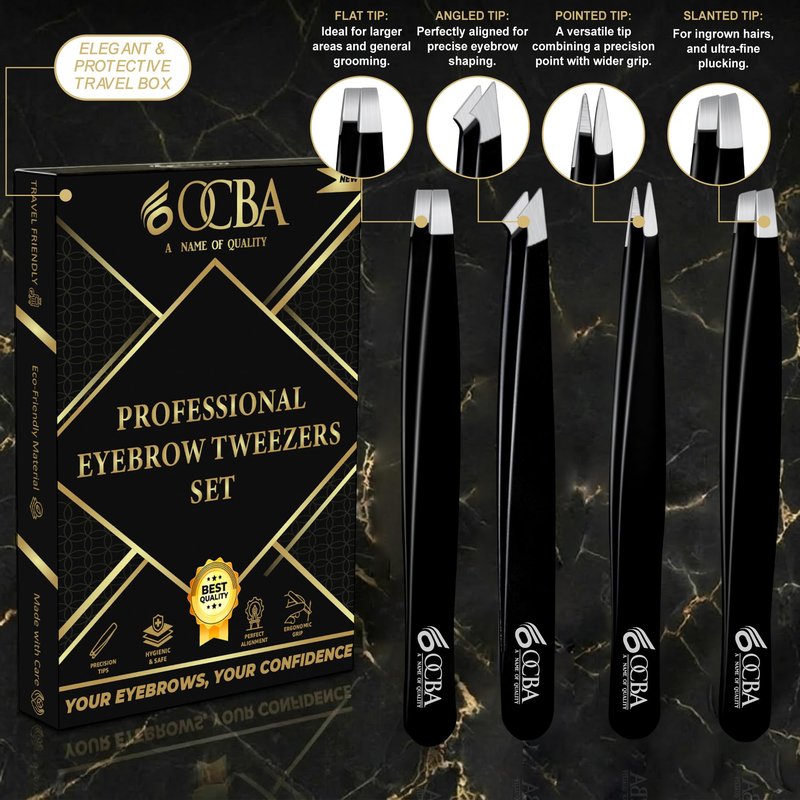 OCBA 4 Pcs Tweezers for Facial Hair Women & Men for Precise Grooming of Eyebrows - Professional Stainless Steel Black Color Coated Eyebrow Tweezers for Ingrown Hair on Nose Ear