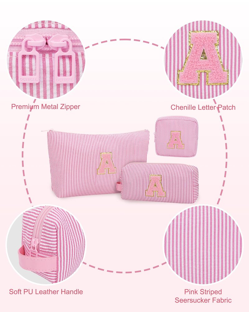 MONSTINA Preppy Chenille Makeup Bag|Personalized Initial Bags with Zipper,Cute Makeup Pouch Stripe Cosmetic Bag,Birthday Gift for Daughter|Preppy Things for Girls,3PCS Pink Q