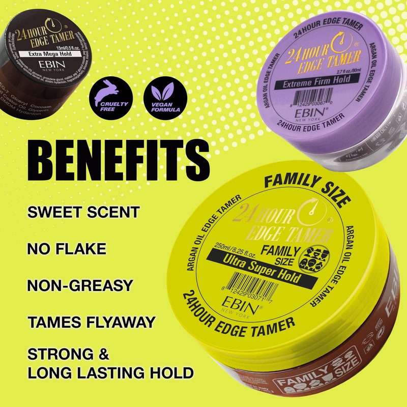 EBIN NEW YORK 24 Hour Edge Tamer Extreme Firm Hold 4.0Fl Oz Strong Edge Control Gel, No Flaking, Sleek Smooth Finish, Long Lasting, Argan & Castor Oil