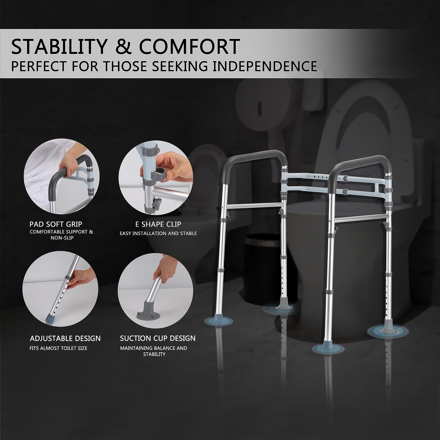 Lianjindun Toilet Safety Rails (350 lb), Adjustable Toilet Frame for Elderly, Seniors, Handicap & Disabled, Foldable Handicap Toilet Handles Fit Any Toilets (Gray)