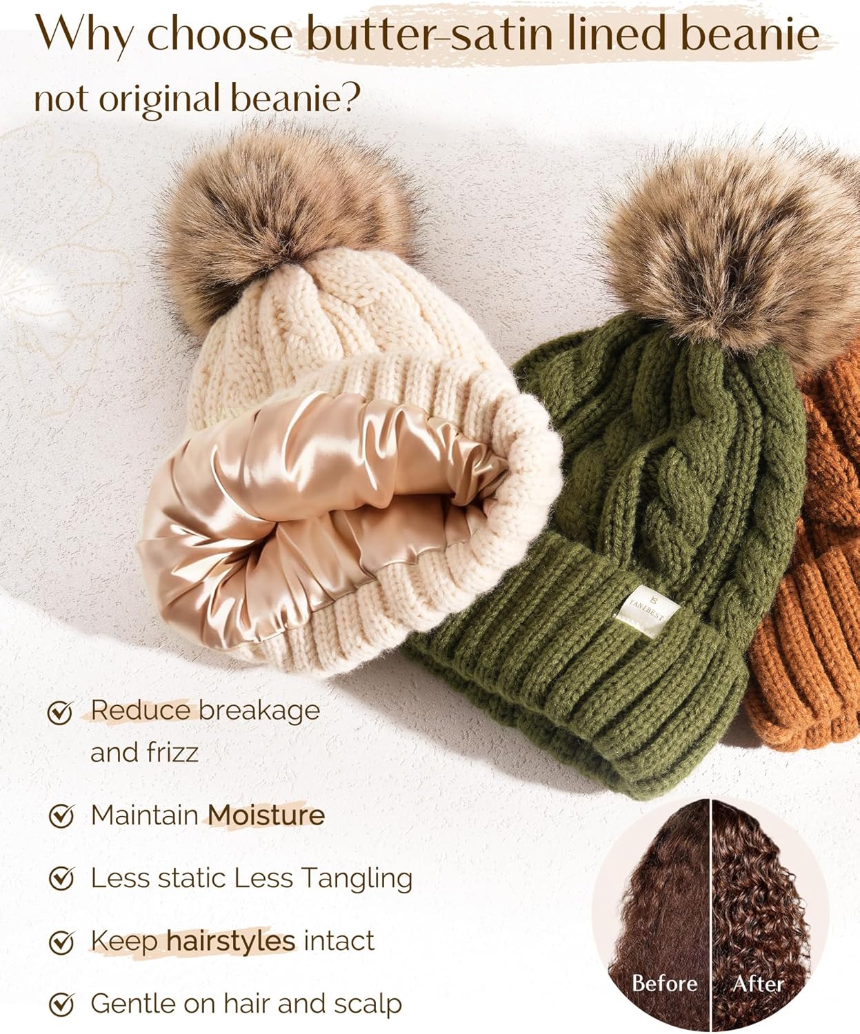 Womens Winter Beanie Hat - Satin Lined Knitted Cap for Warmth & Style | Soft Pom Pom Design