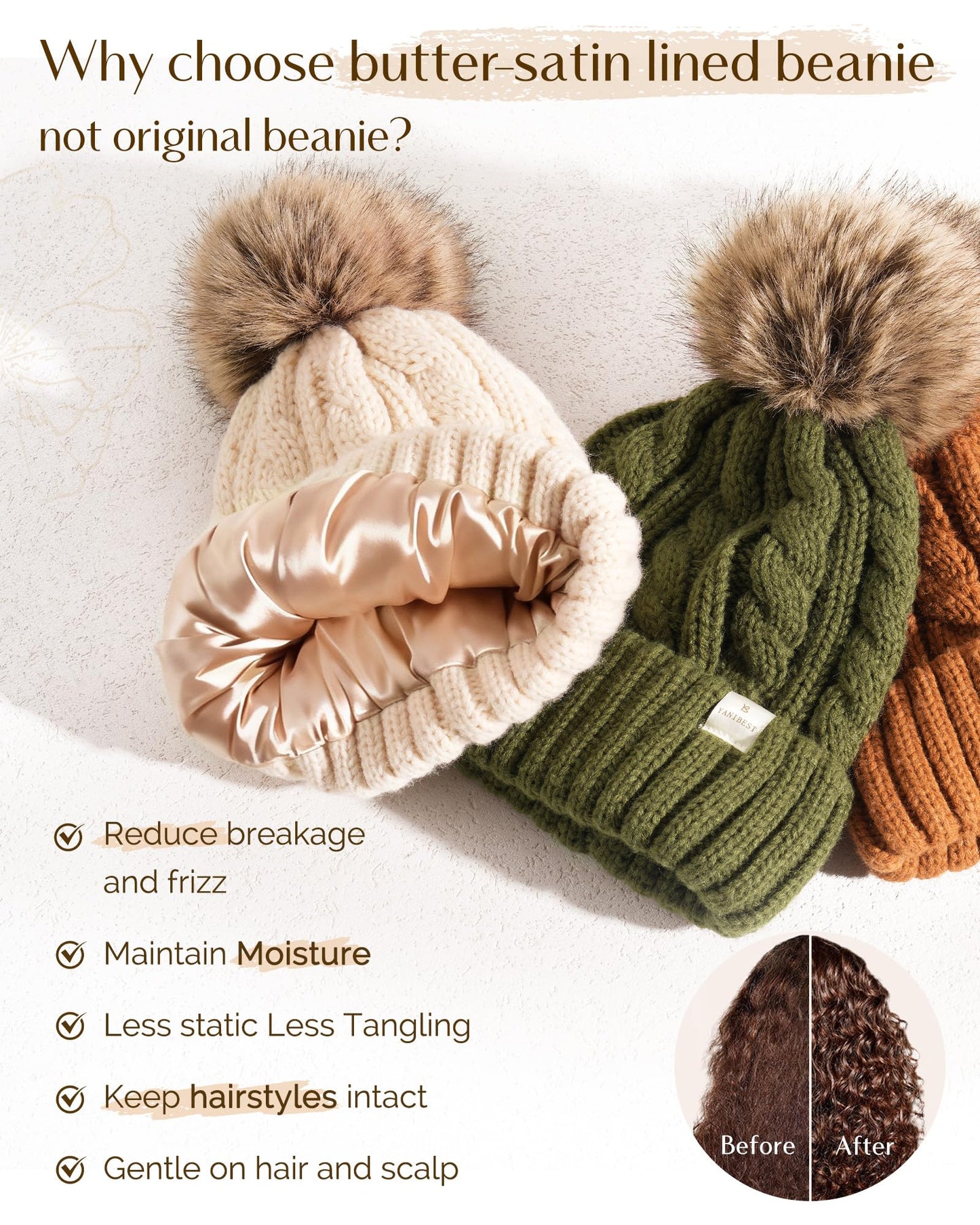 YANIBEST Winter Hats for Women Satin Lined Knitted Beanie Hat Warm Soft Ski Cuff Cap with Pom Pom Black