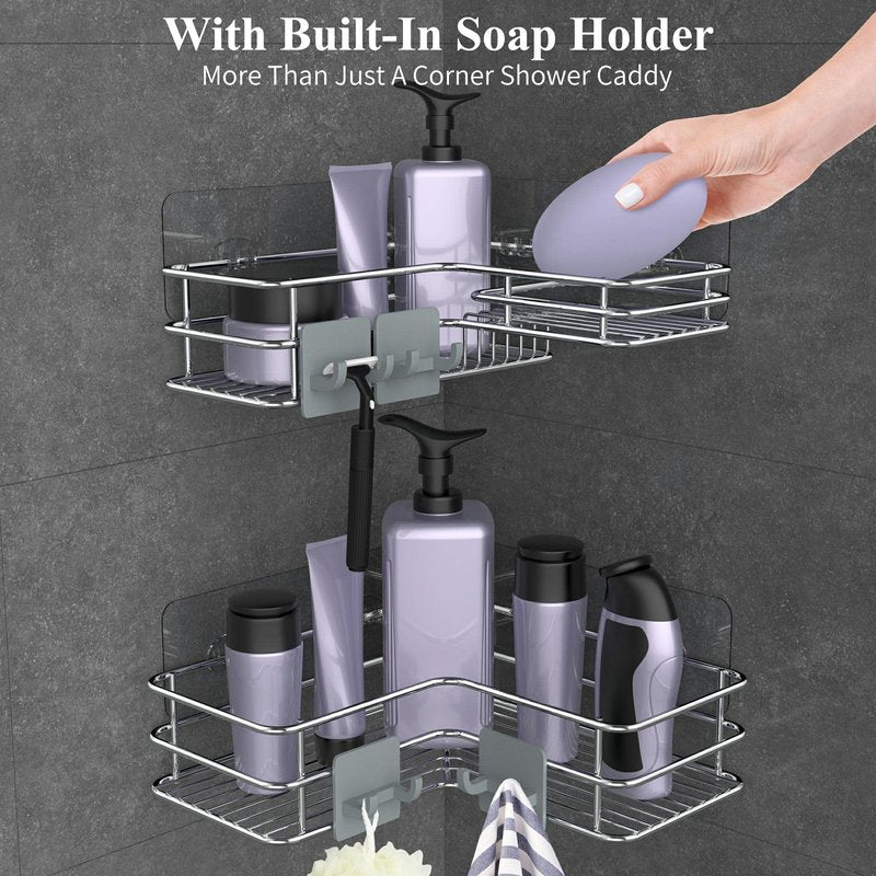 Nieifi Corner Shower Caddy with Built-In Soap Holder with Hooks, Shower Organizer Shelf Rack Basket Storage, Rust Proof Stainless Steel Bathroom Shelves Drill Free 2 Pack For 90-Degree Corner Only