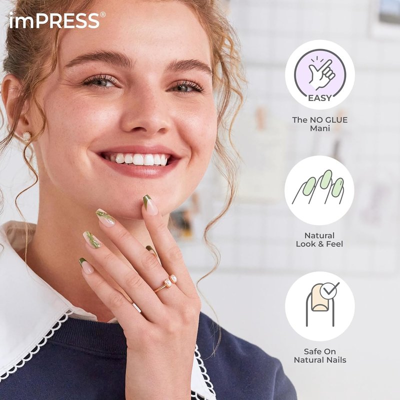Kiss Impress No Glue Press-On Nails - 'Rain Check' Blue Squoval Design | Short Size, 30 Nails & Accessories