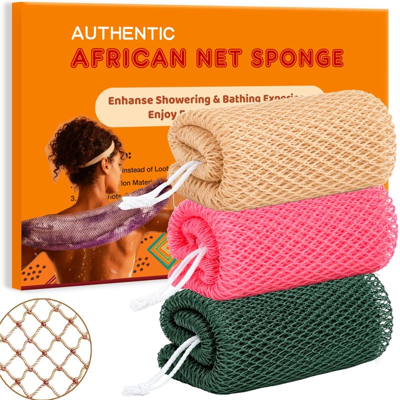 African Net Sponge Authentic, 3 Pieces African Exfoliating Net Sponge Body Back Scrubber Exfoliating Washcloth for Shower Bath for All Types (Olive Green+Champagne Gold+Pink, 3 Pcs)