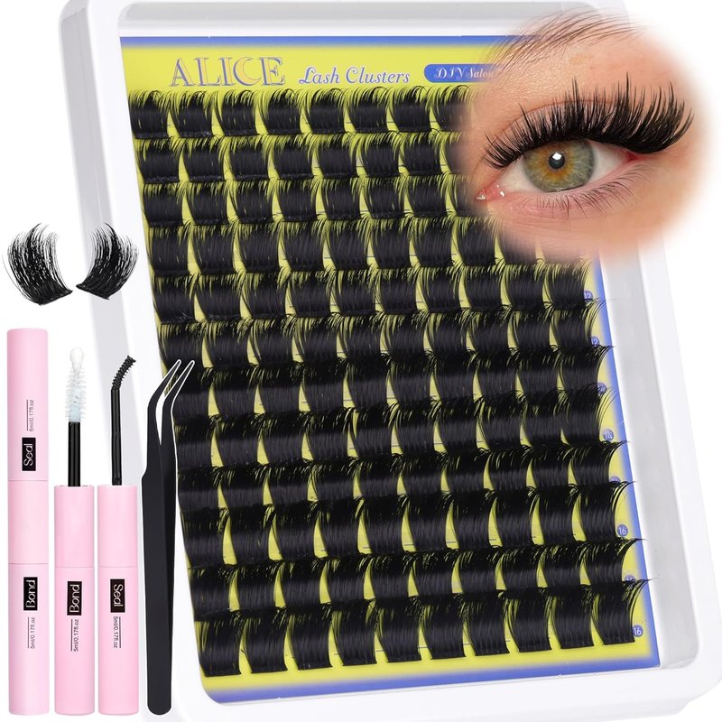 ALICE Wispy Lash Clusters Kit - Thick Volume D-Curl 200D Individual Lashes with Glue for Home Application