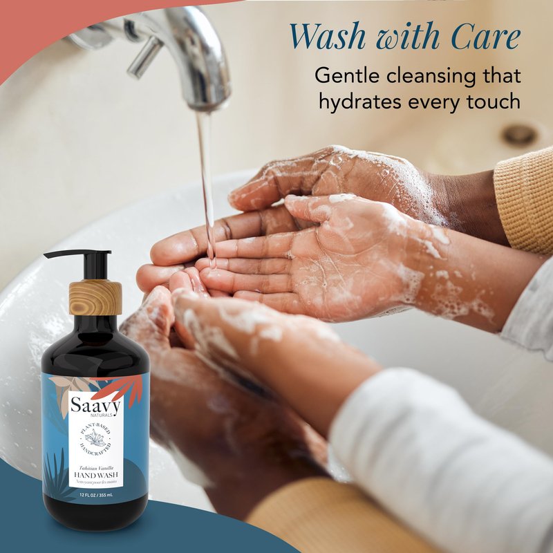 Saavy Naturals Hand Wash – Plant-Based Liquid Hand Soap with Aloe Vera, Shea Butter & Essential Oils – Sulfate-Free, Moisturizing, Food-Grade Ingredients – Tahitian Vanilla – 12 fl oz, 2 pack
