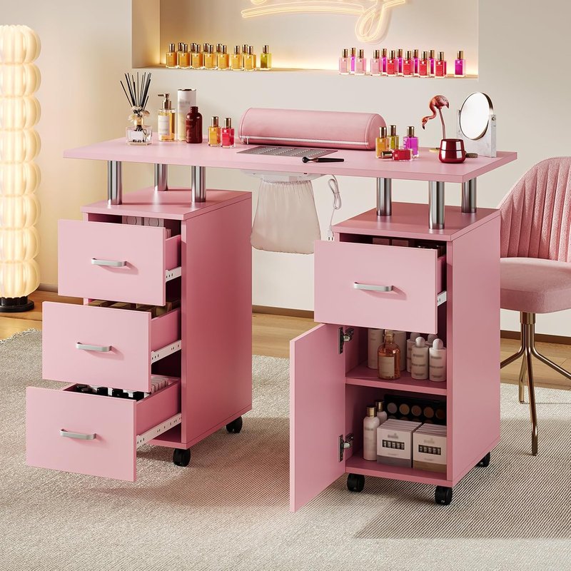 Manicure Table with Storage Cabinets and Drawers, Nail Desk for Nail Tech with Lockable Wheels, Dust Collector Acetone Resistant, Arm Rest for Makeup Spa Beauty Salon Station