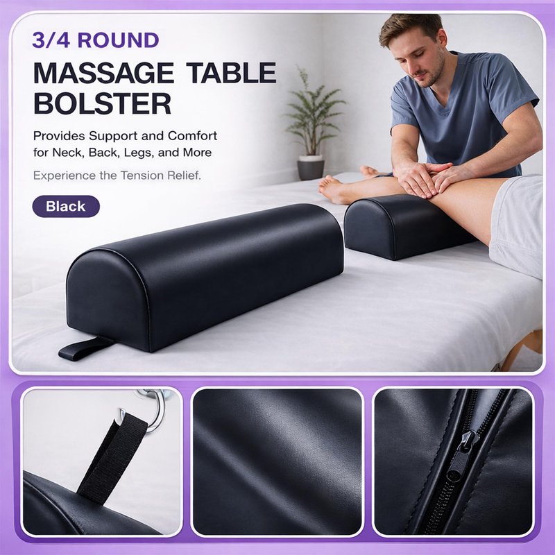 Celmuron 3/4 Round Massage Bolster Pillow 22 x 7 x 7 Inch, Professional Massage Table Bolster Cushion, Support Pillow for Spa, Physical Therapy, Chiropractic, Knee & Leg Support, Black