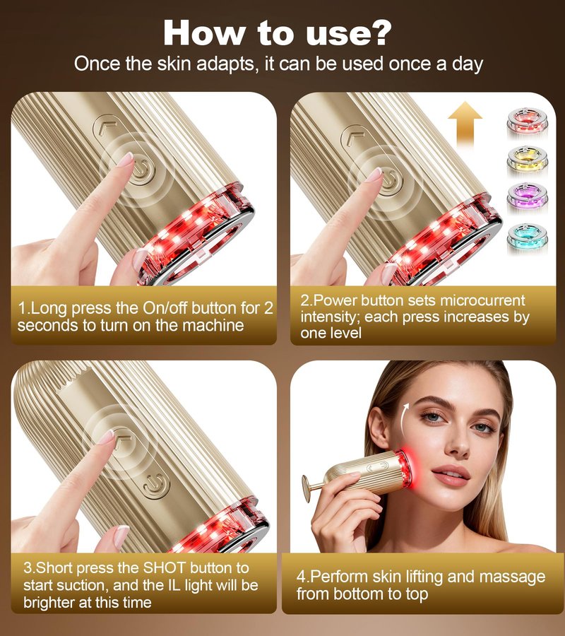 New Facial Massager Tool, Microcurrent Facial Device with Suction Shot, 4 Color Red Light Therapy, Face Massager Tool for Skin Care, Double Chin, Wrinkle Reduction and Firming, Portable Face Device